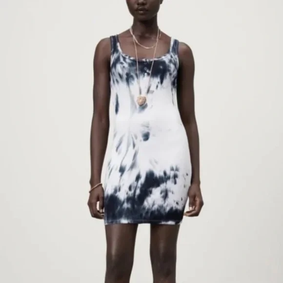 Zara Tie Dye Black and White Bodycon Henley Tank Dress size M - Picture 1 of 5